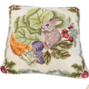 Vintage French Country Needlepoint Velvet Pillow Bunny Rabbit Vegetables 14”